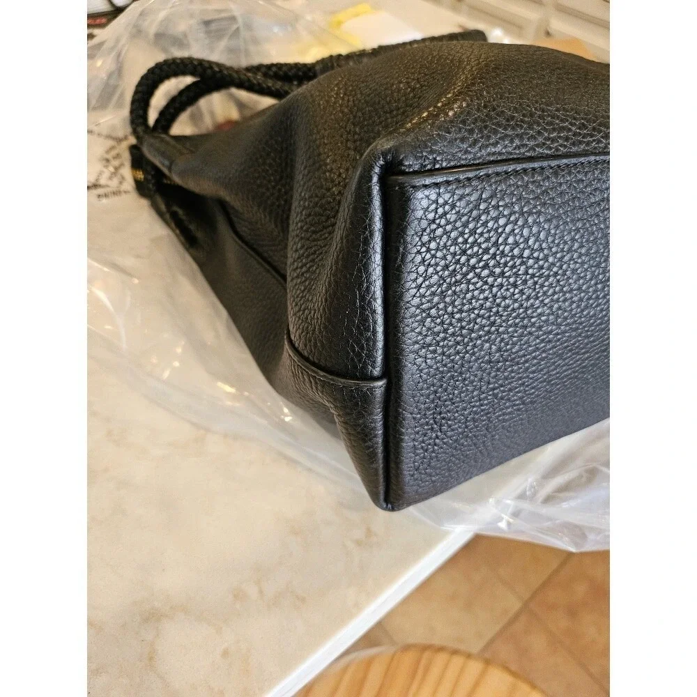 Tory Burch Leather Hobo Bag Braided‎ Handle Designer Purse Black